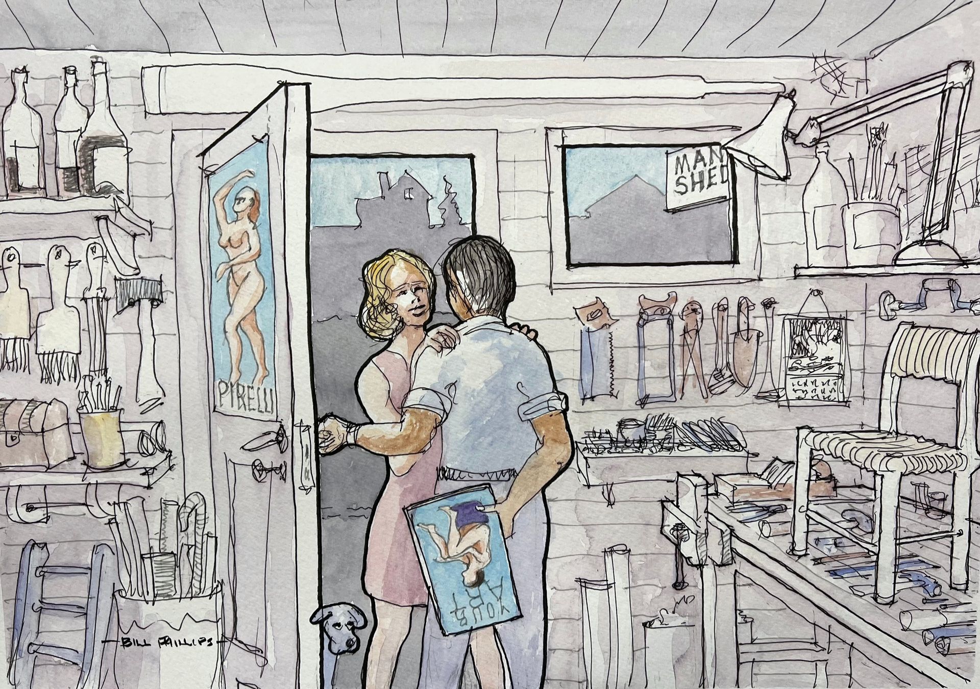 Another humorous watercolour sketch depicting a man concealing his 