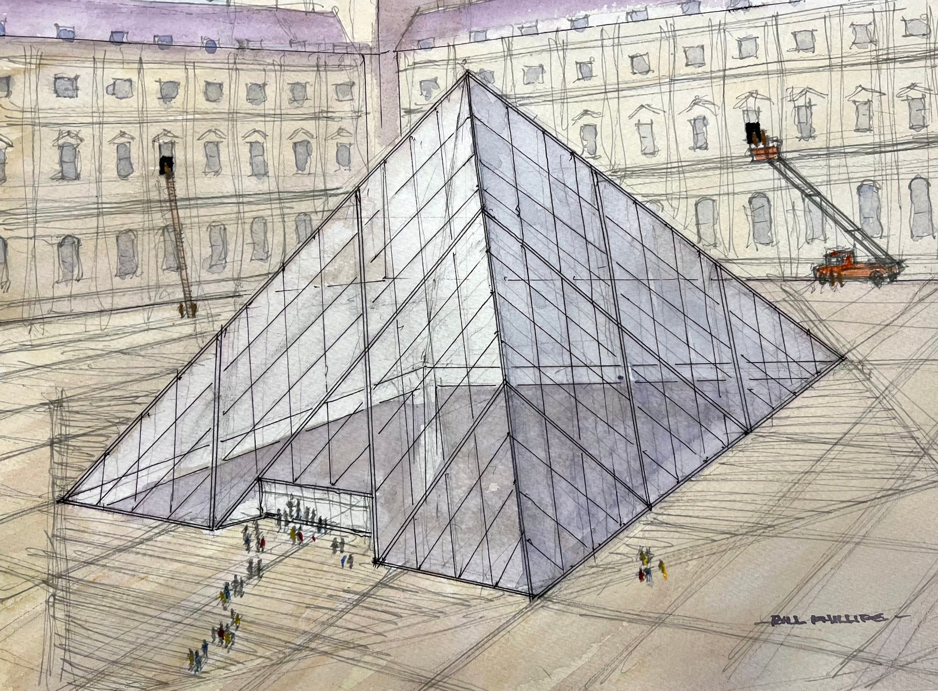 A humorous watercolour depicting the  recent thefts at The Louvre - part of a selection of  BRISTOL 1904 ARTS evening sketches painted on the night of our regular Wednesday evening concert programs.