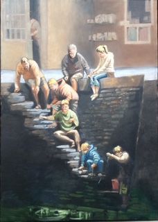A painting by member Denis Campbell entitled: Crabbers in Padstow 