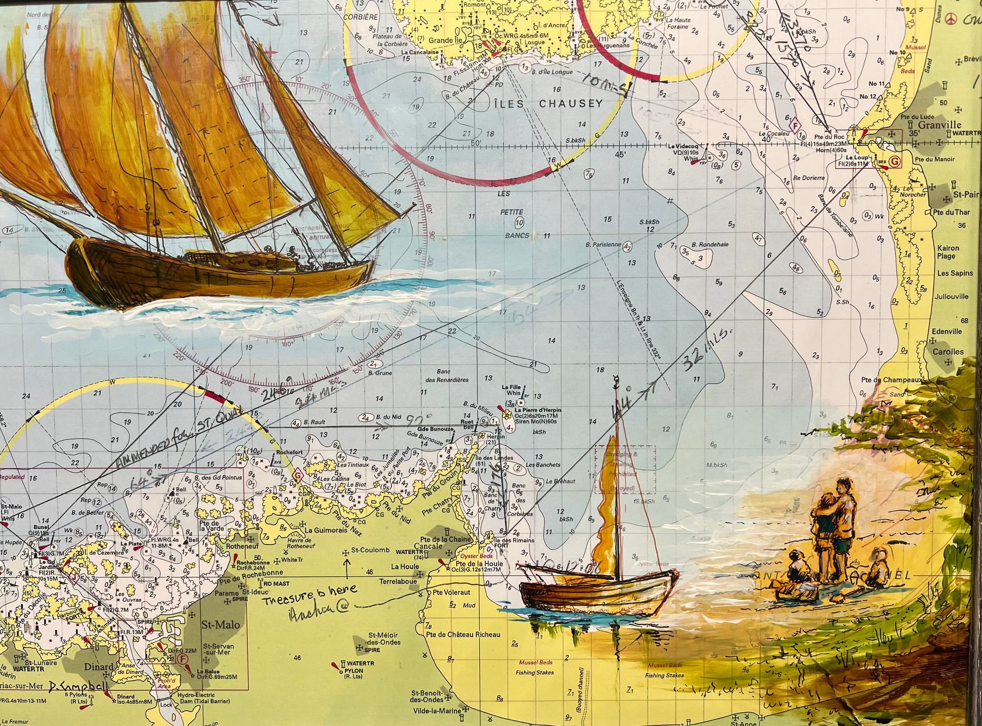 Curious artwork overpainted on a map - part of a selection of  BRISTOL 1904 ARTS evening sketches painted on the night of our regular Wednesday evening concert programs.