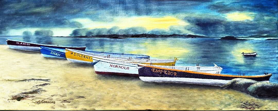 A painting by member Graham Cossons entitled: Friday Evening at the Seven Stones