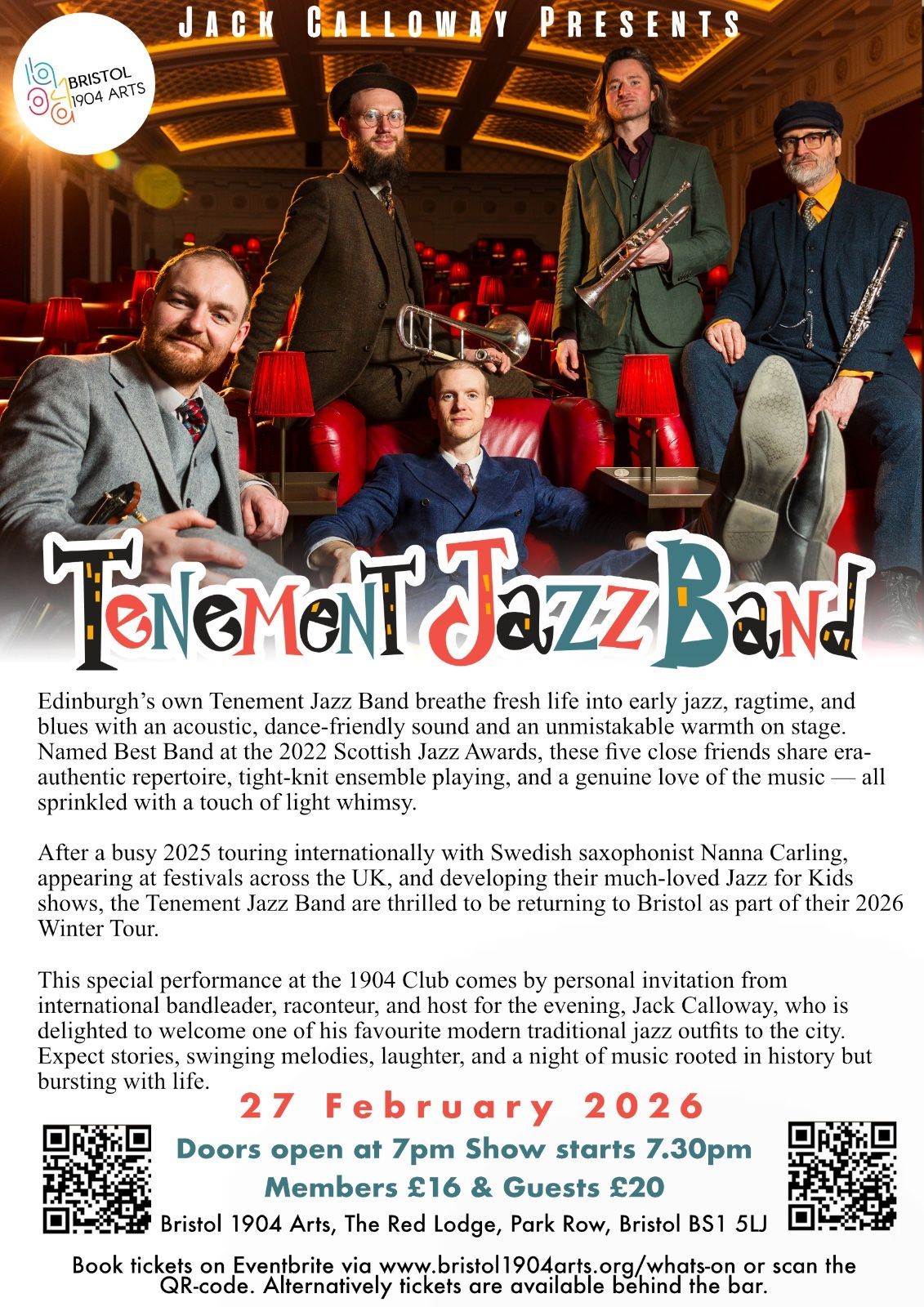 Image of Tenement Jazz Band flyer - who with Jack Calloway presents a stomping New Orleans trad style jazz concert at Bristol 1904 Arts on 27th February, 2026