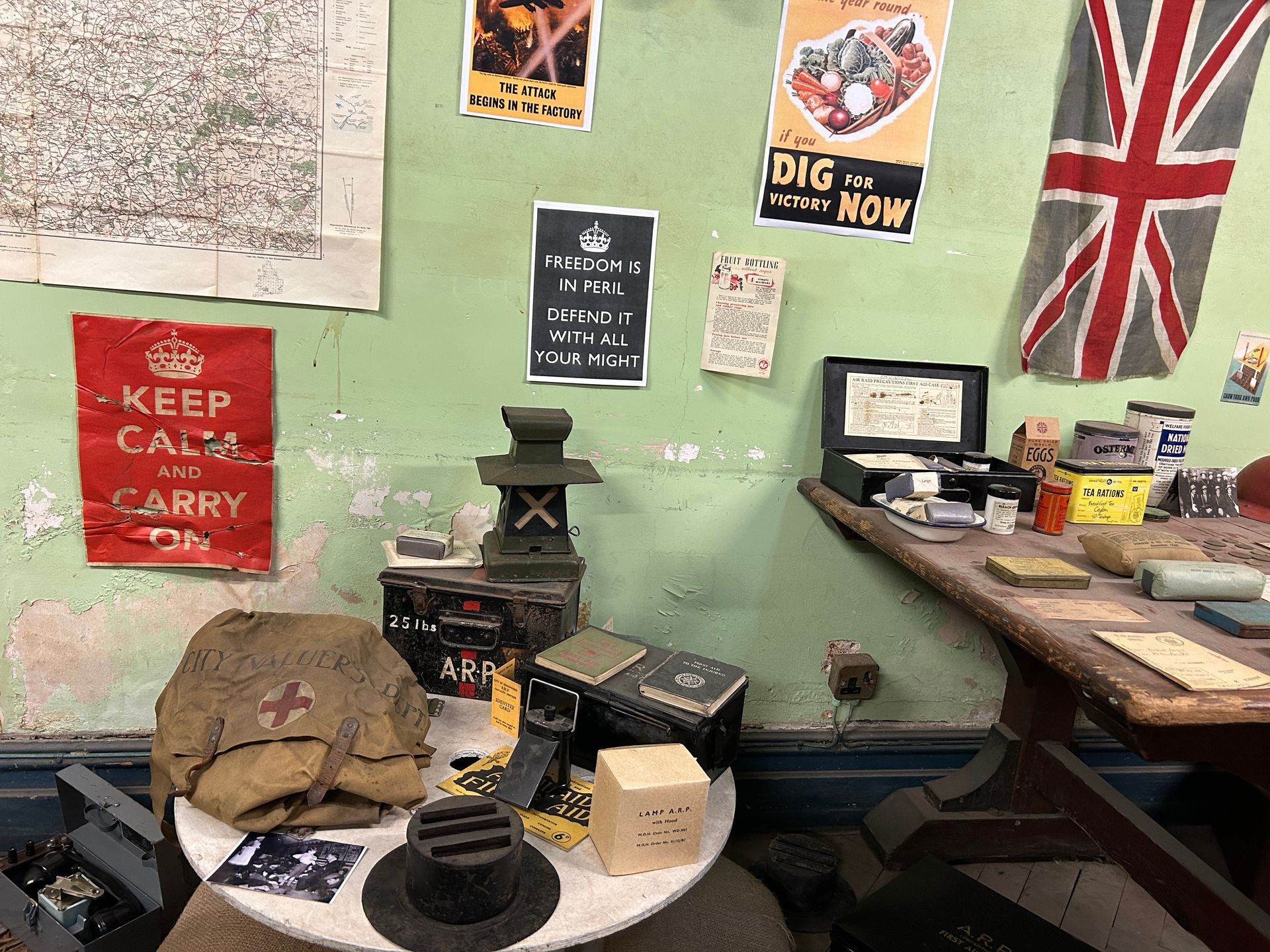 Image of Corn Exchange Air Raid Shelter- display of war time artefacts.