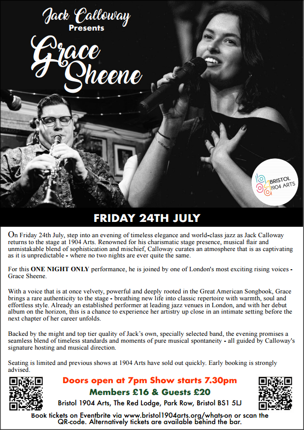 Image of Grace Sheene with Jack Calloway Jazz event in a promotional flyer - for a  jazz concert at Bristol 1904 Arts on 27th July, 2026