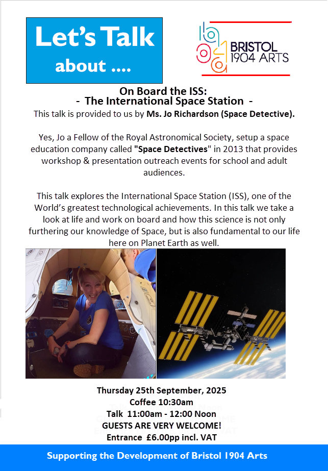Image of poster for the Bristol 1904 Arts talk entitled: On Board the ISS (The International Space Station)