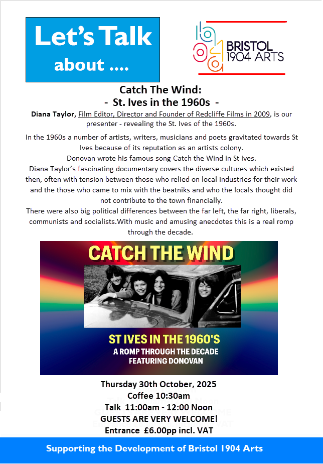 Image of poster for the Bristol 1904 Arts talk entitled: Catch The Wind (a romp through St. Ives in the 1960s).