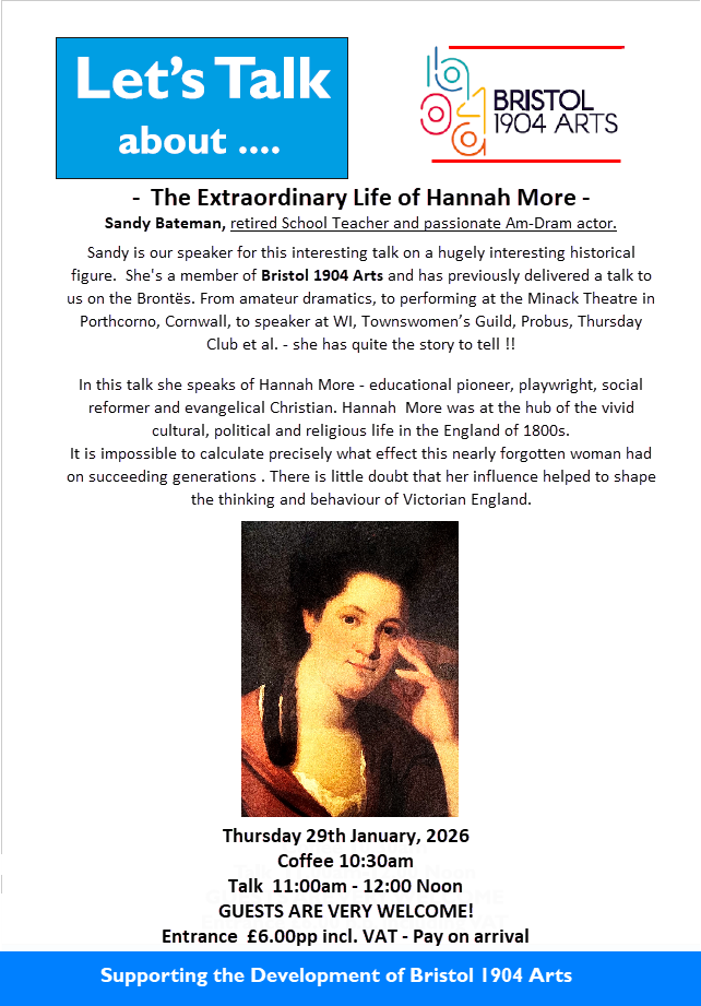 Image of poster for the Bristol 1904 Arts talk entitled: The Extraordinary Life of Hannah More