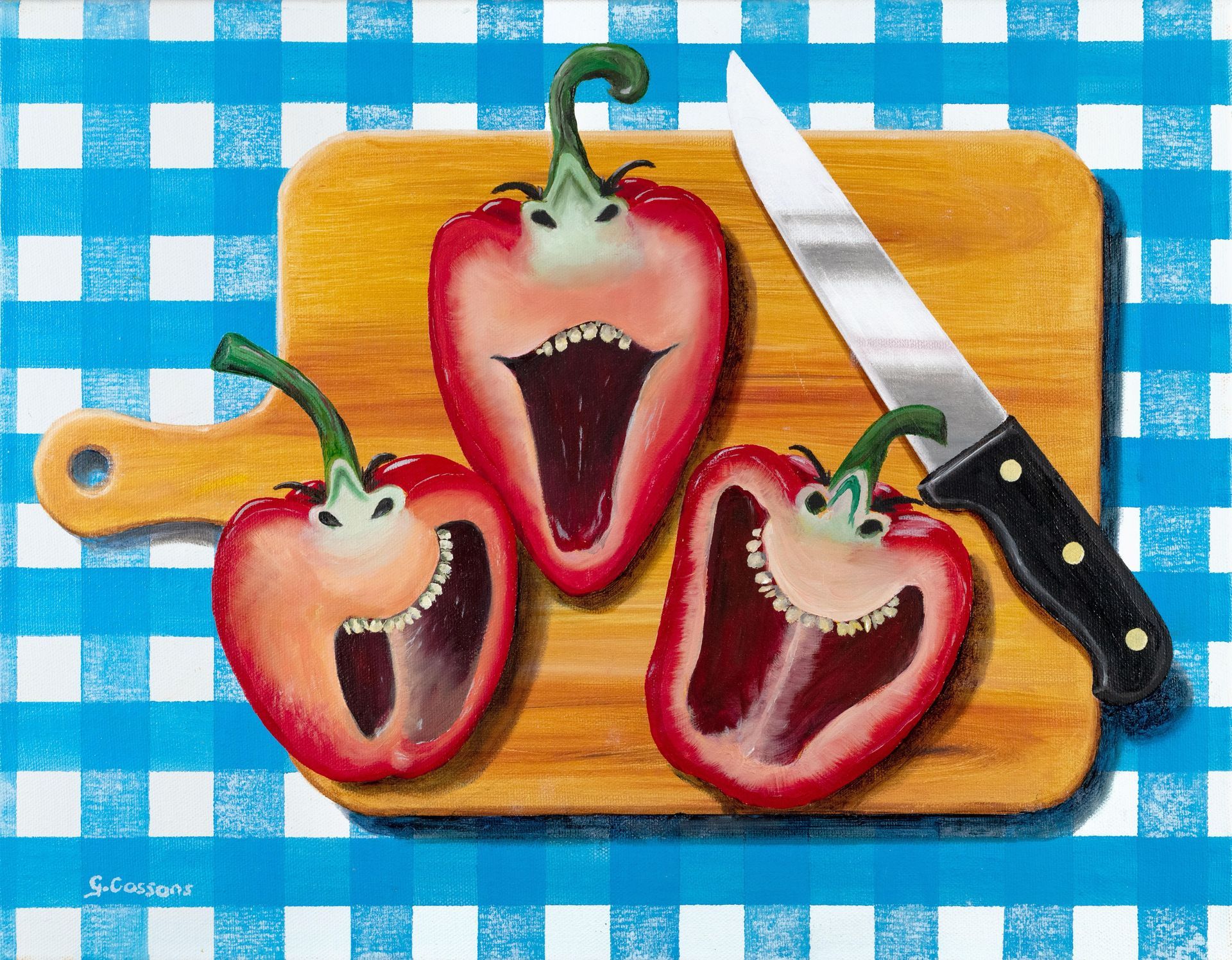 A painting by member Graham Cossons entitled: Laughing Red Peppers