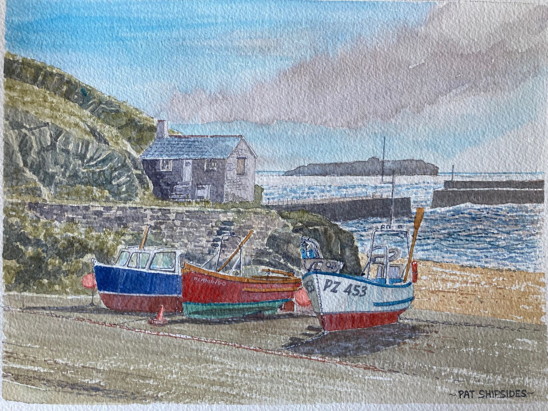 A painting by member Pat Shipsides entitled: Mullion Cove to Mullion Island, Cornwall