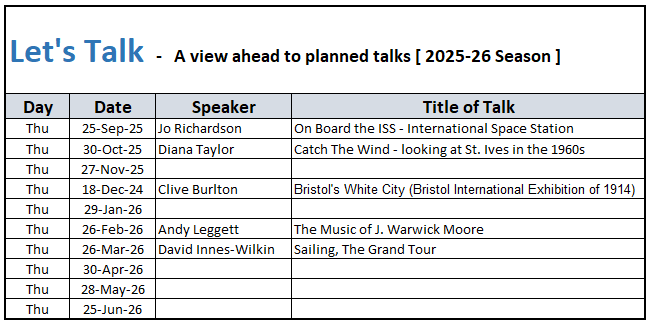 Image of a table of planned talks at Bristol 1904 Arts to June, 2026