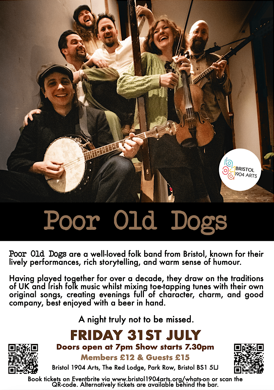 Image of Poor Old Dogs folk event in a promotional flyer - for a folk concert at Bristol 1904 Arts on 31st July, 2026