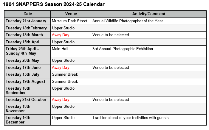 '1904' Photographic Group (the Snappers) Calendar Schedule 2024-25.