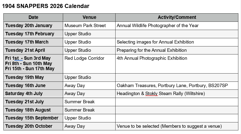 Image of the '1904' Photographic Group (the Snappers) Calendar Schedule 2026.