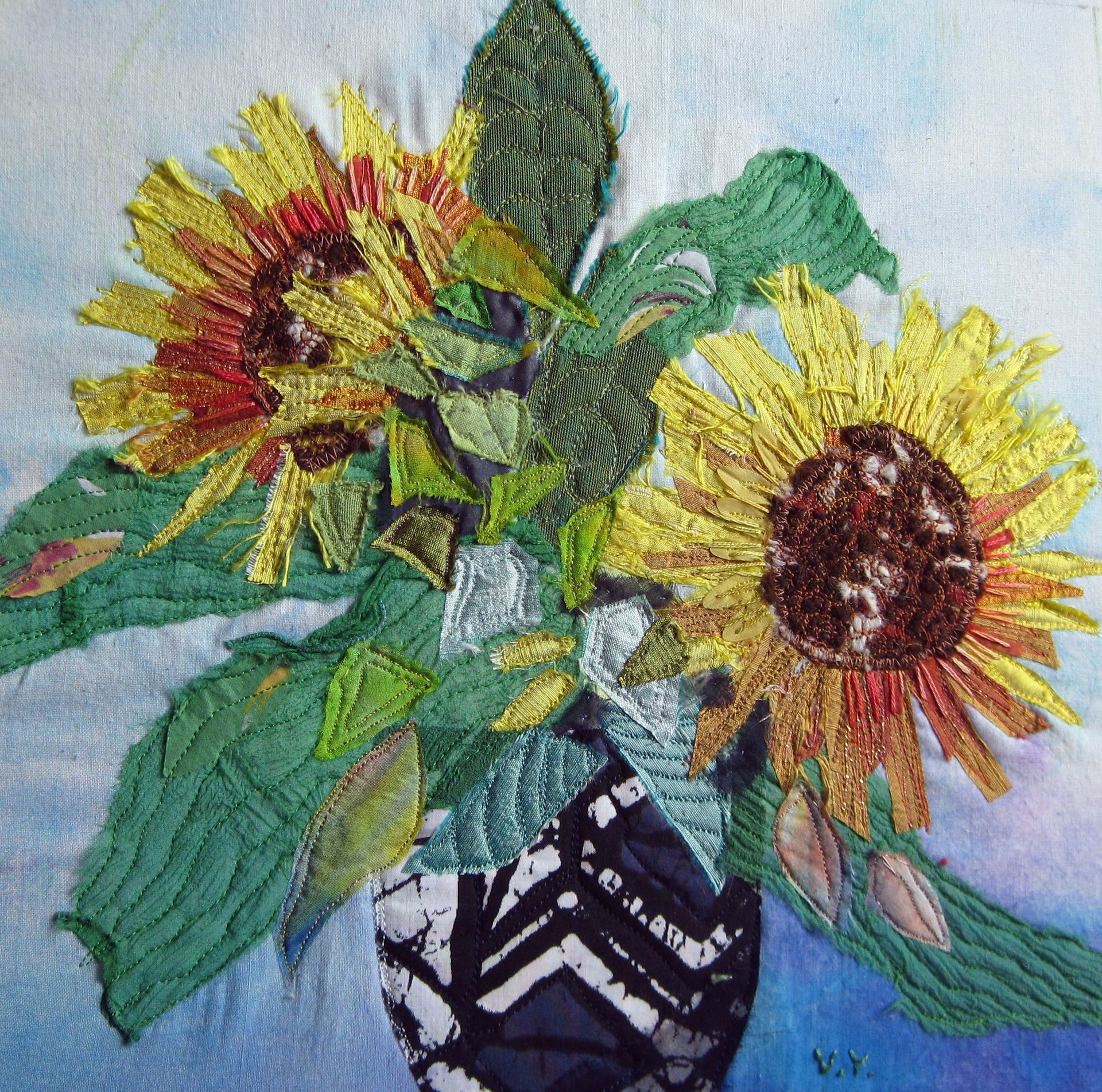 Sunflowers - a framed textile Exhibition composition.