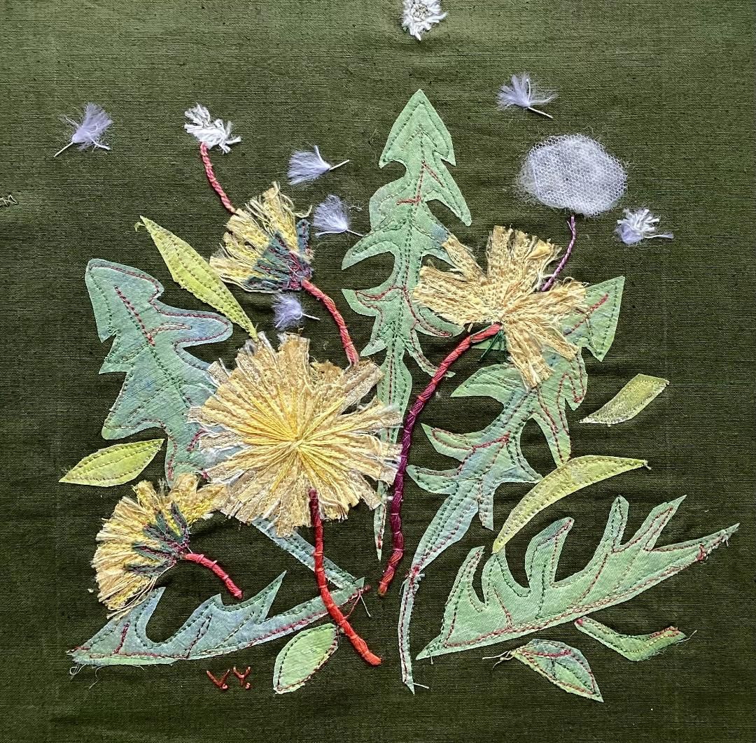 A textile art composition by member Viv Young entitled: Dentdelions