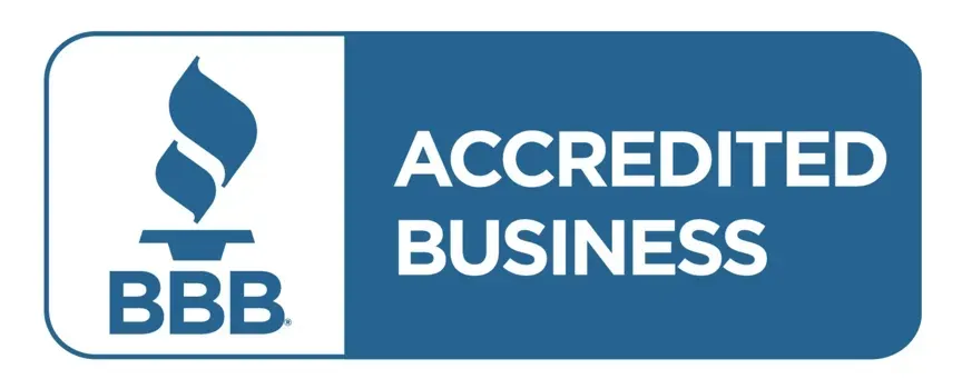 The bbb logo is blue and white and says accredited business.