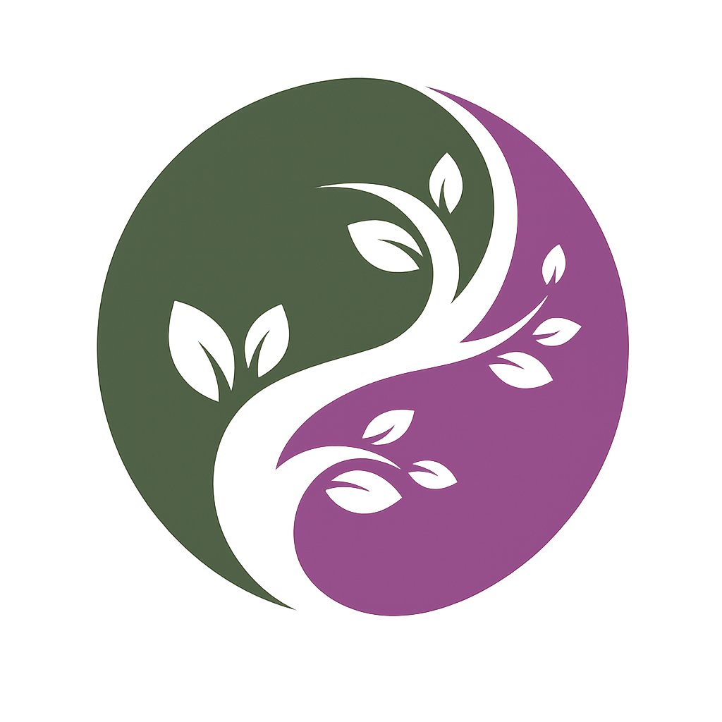 Green and purple circular yin-yang style logo with white leaves and branches