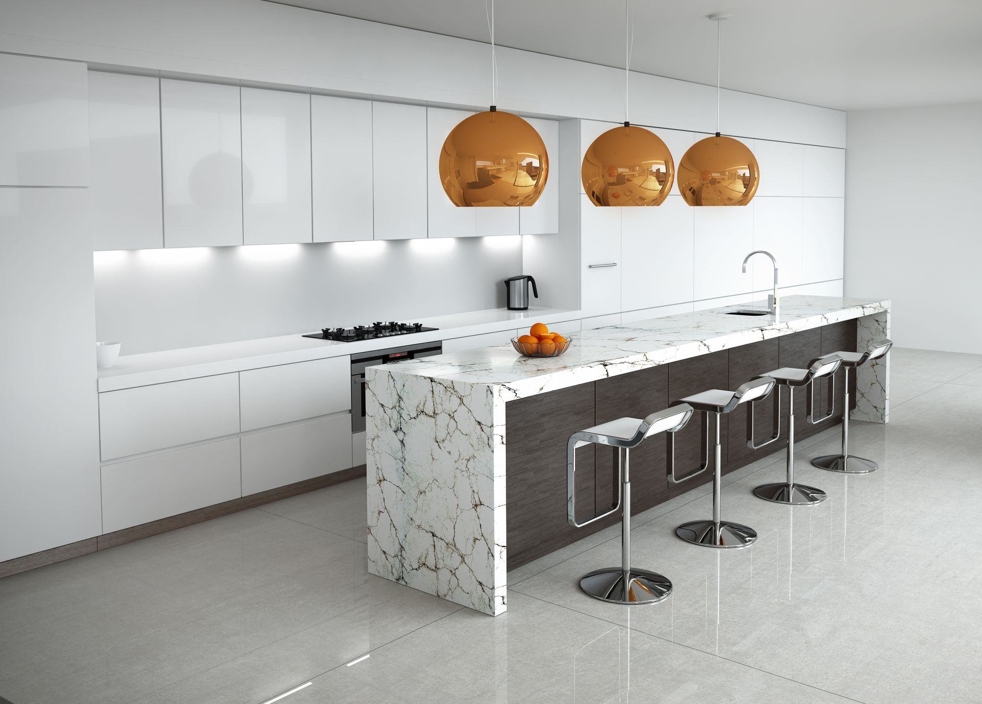 A kitchen with white cabinets and a marble counter top