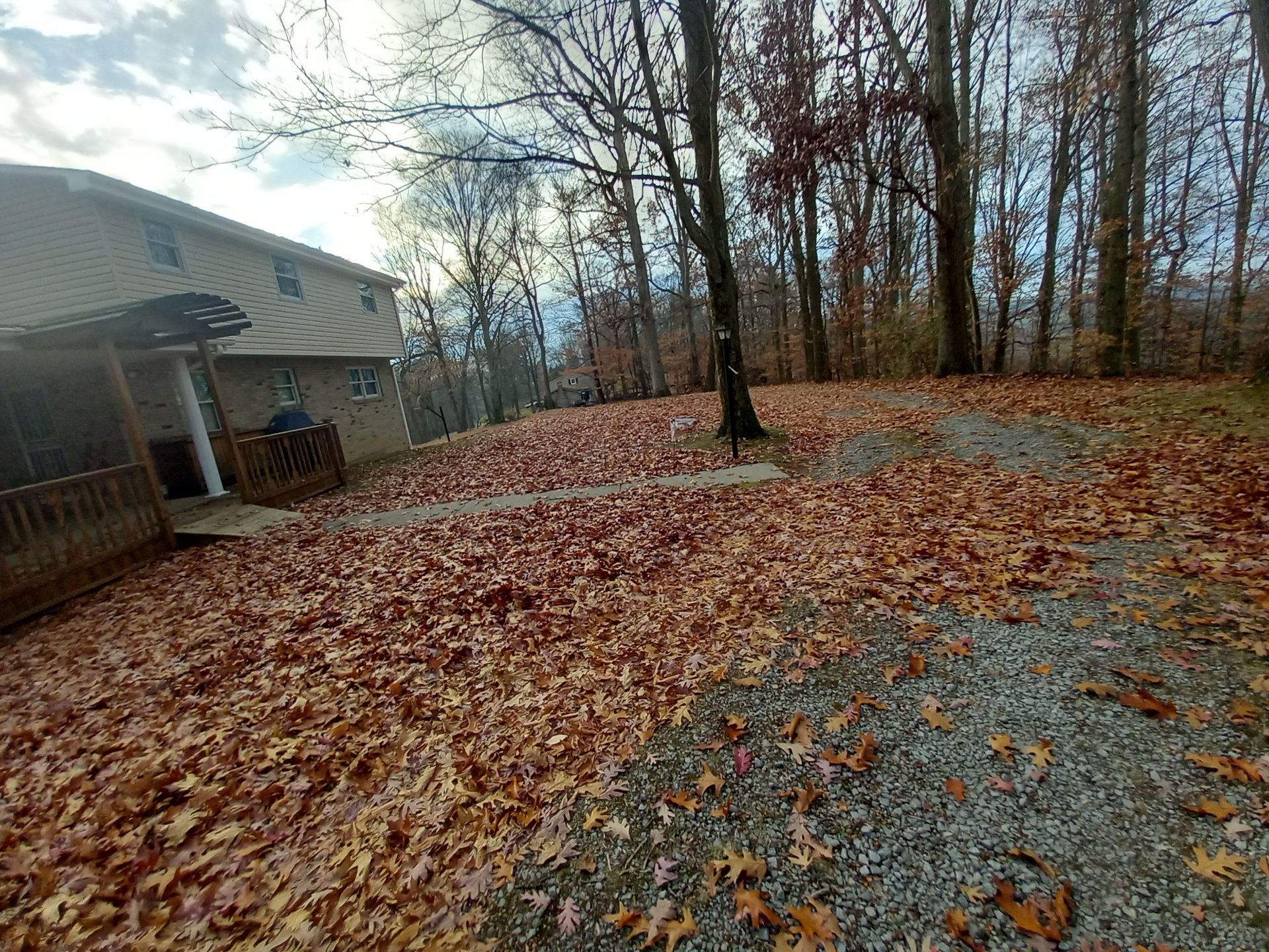 A house with a lot of leaves on the ground in front of it.