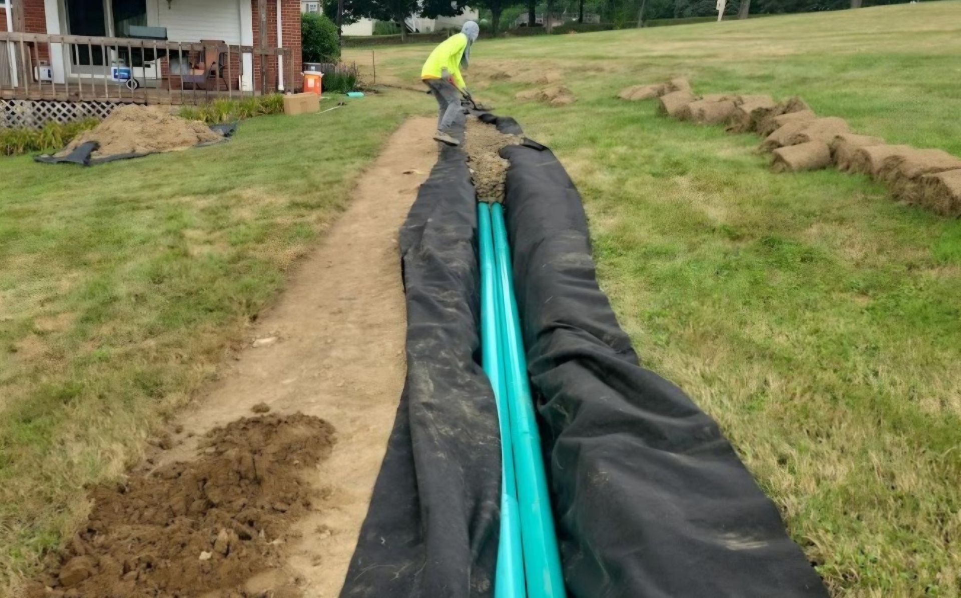 A man is working on a drainage system in a yard.
