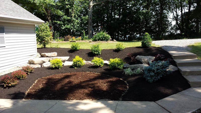 A concrete walkway leading to a house with a garden in front of it.