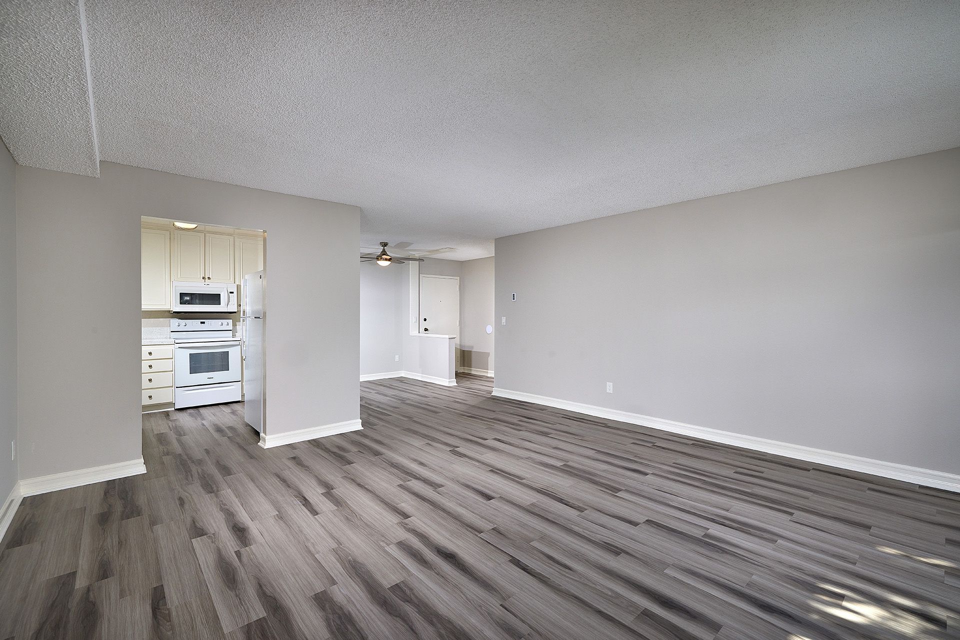 Empty living room with gray walls, wood-look flooring, and a view into a bright kitchen area