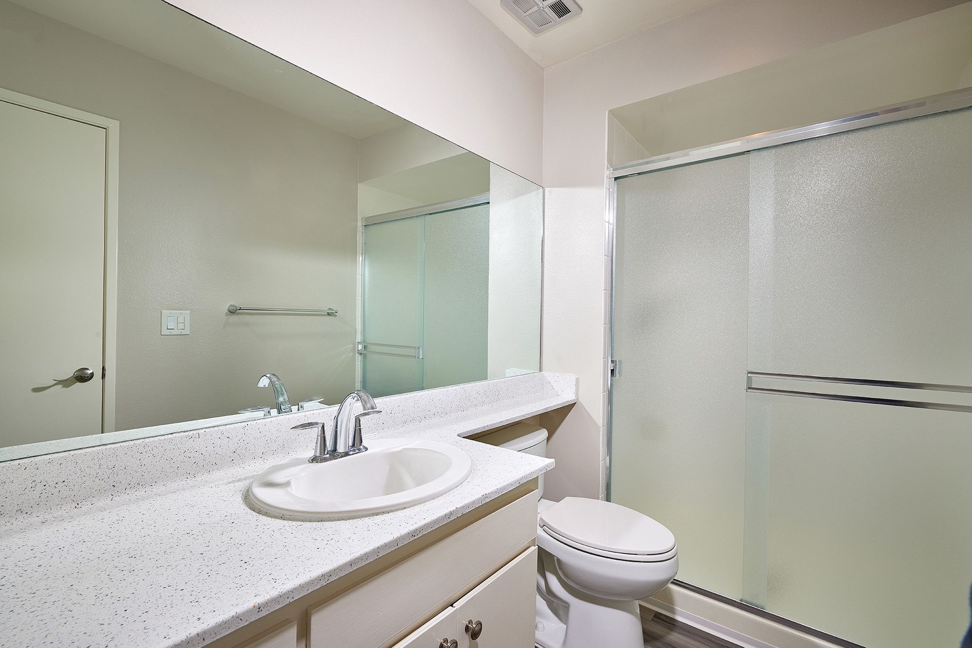 Bathroom with white sink vanity, large mirror, toilet, and frosted glass shower enclosure