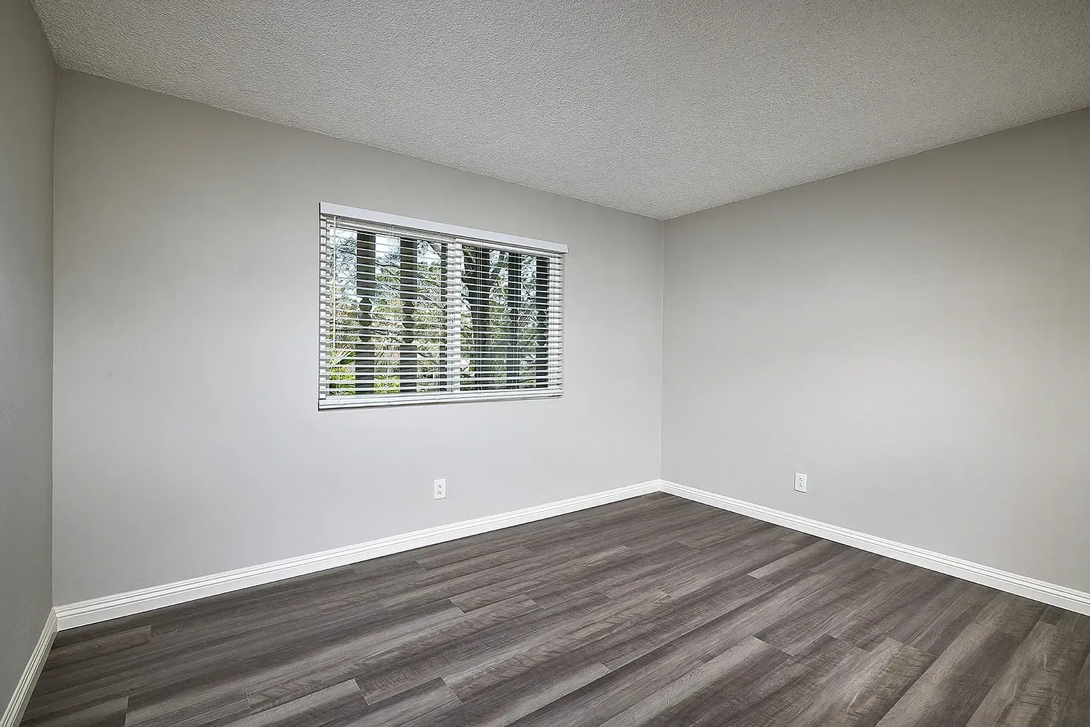 Empty gray bedroom with a window and wood-look flooring