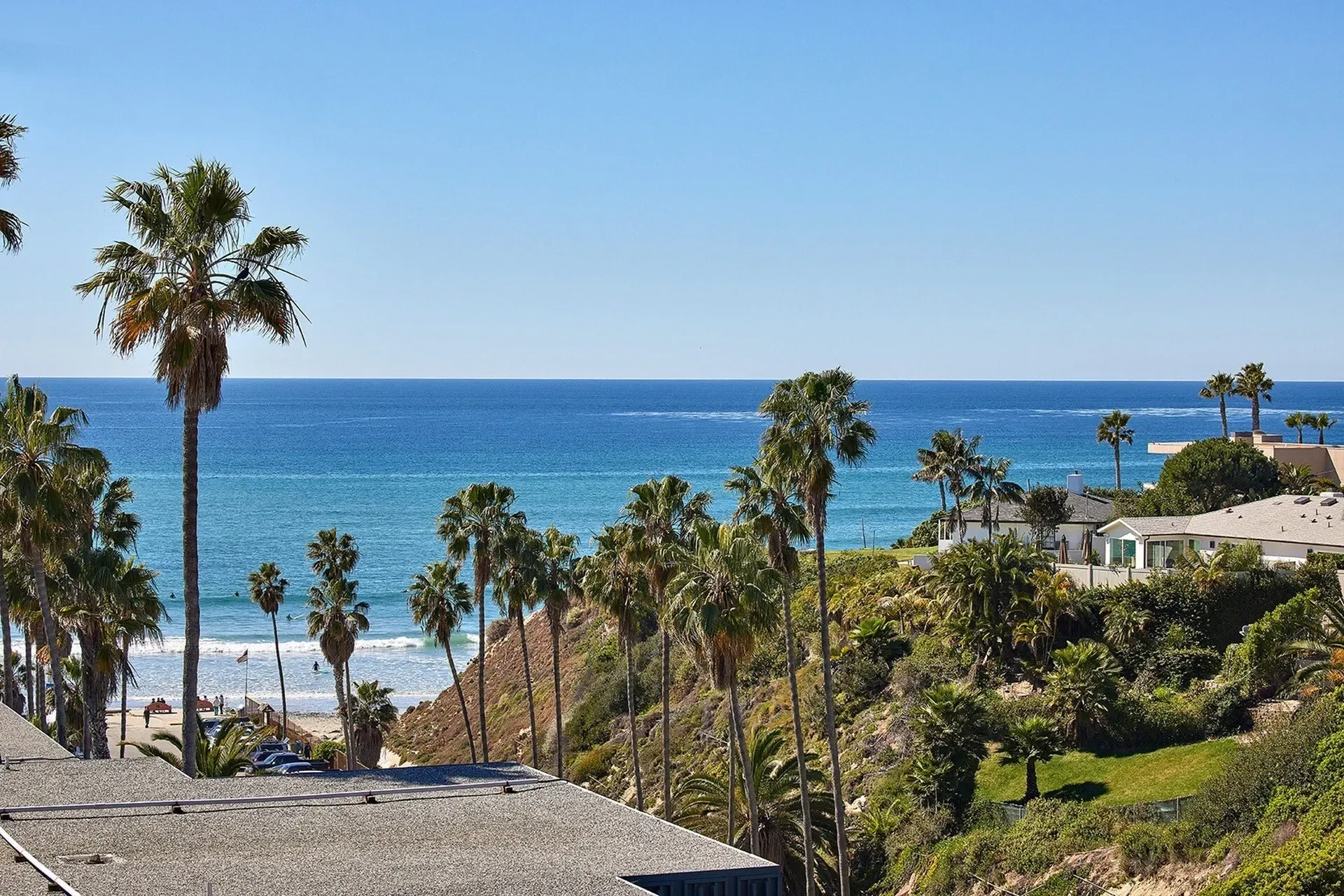 Coastal view with palm trees, blue ocean, sandy beach, and houses under a clear sky