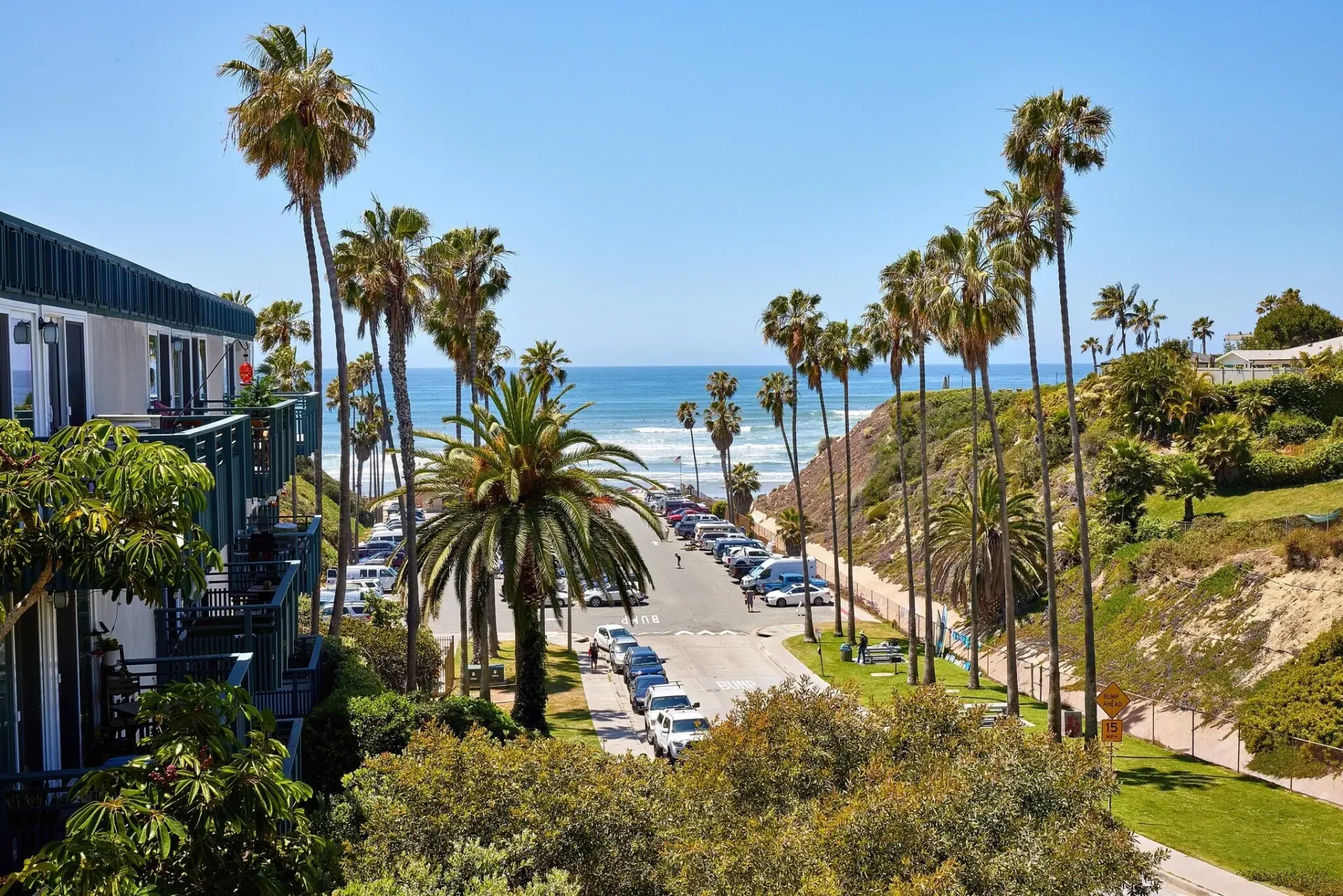 Palm-lined coastal road leading to a sunny beach and ocean horizon