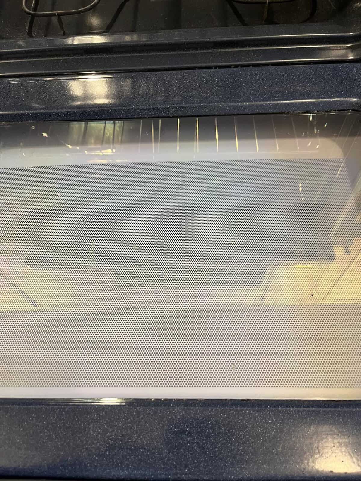 Interior view of an oven door with a mesh pattern, glass window.