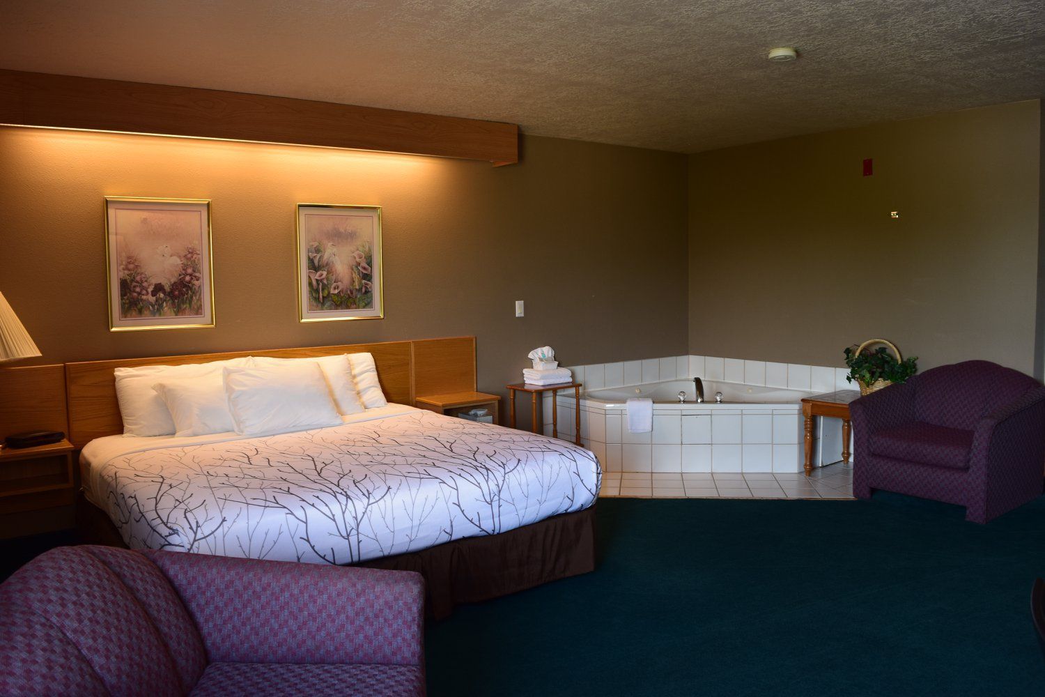 A hotel room with a king size bed and a jacuzzi tub.
