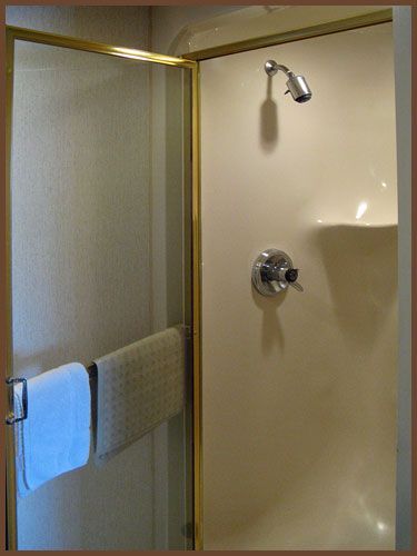 A bathroom with a shower and a towel rack