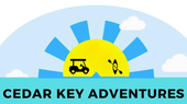 A logo for cedar key adventures with a golf cart and kayak.