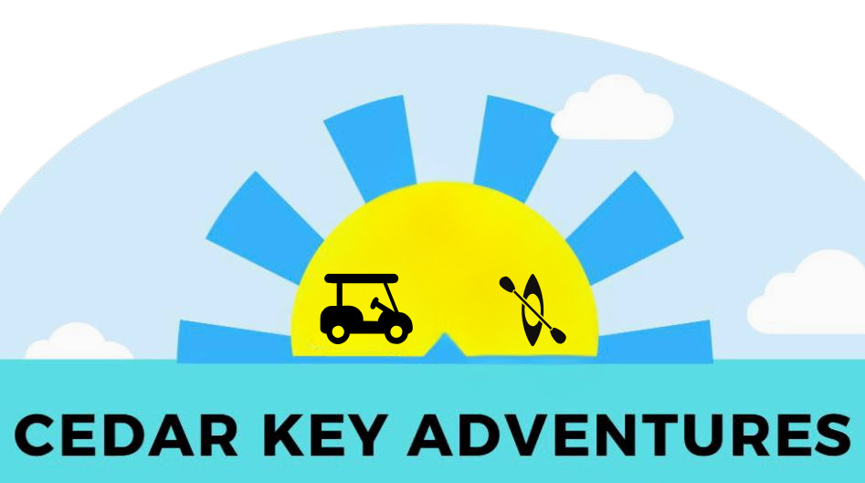 A logo for cedar key adventures with a golf cart and kayak.