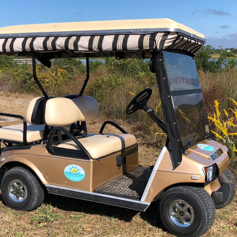 A gold golf cart is parked in a grassy field