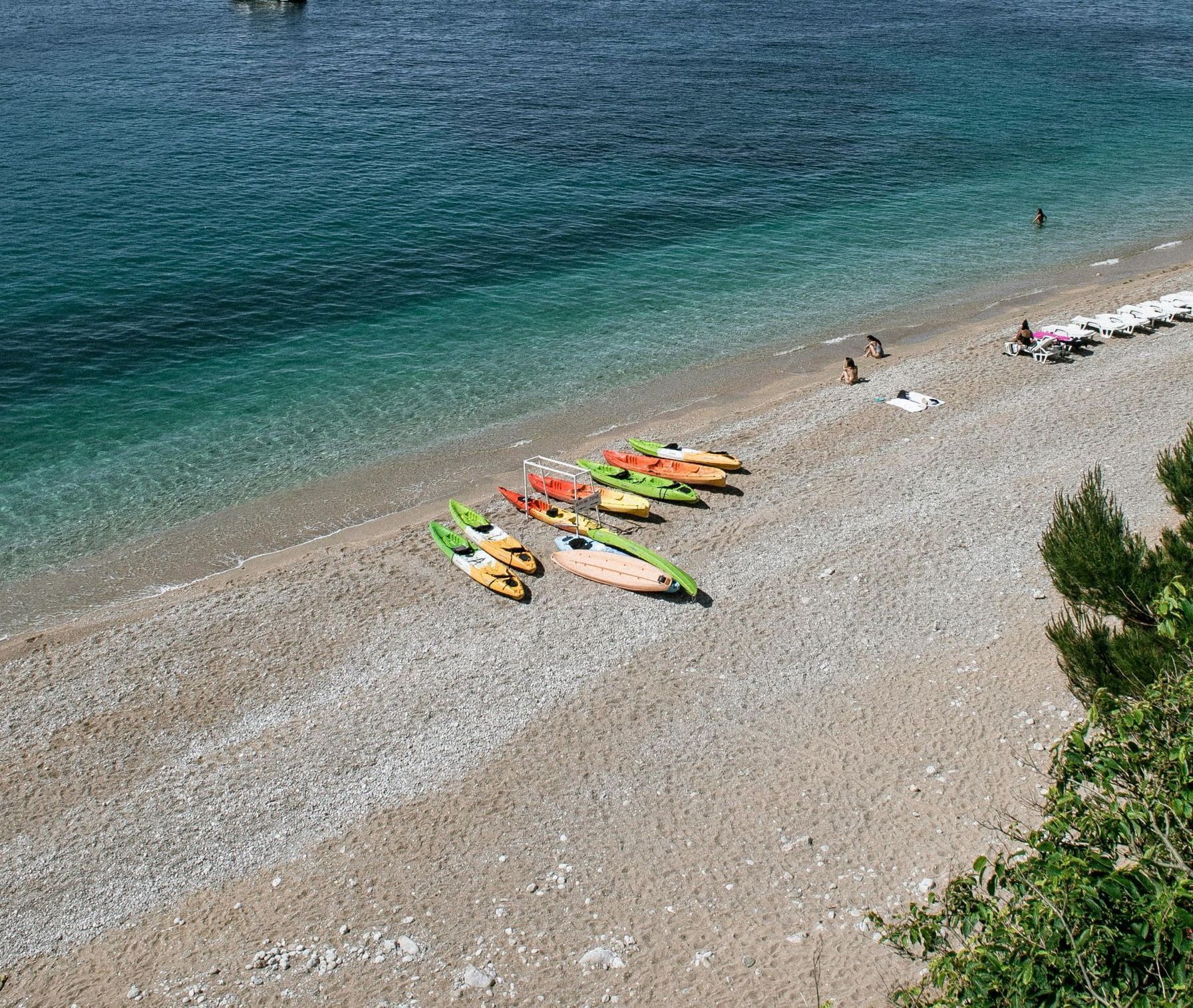 A row of kayaks are sitting on a beach next to the ocean.
