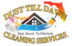 Logo for Dust Till Dawn Cleaning Services: House and broom with Florida outline and text.
