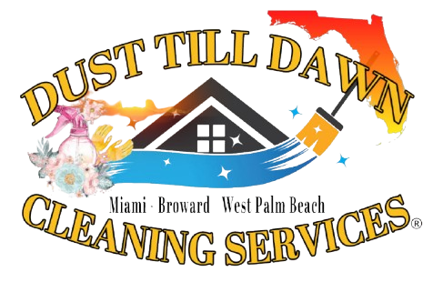 Logo for Dust Till Dawn Cleaning Services: House and broom with Florida outline and text.