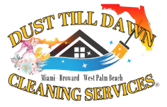 Logo for Dust Till Dawn Cleaning Services: House and broom with Florida outline and text.