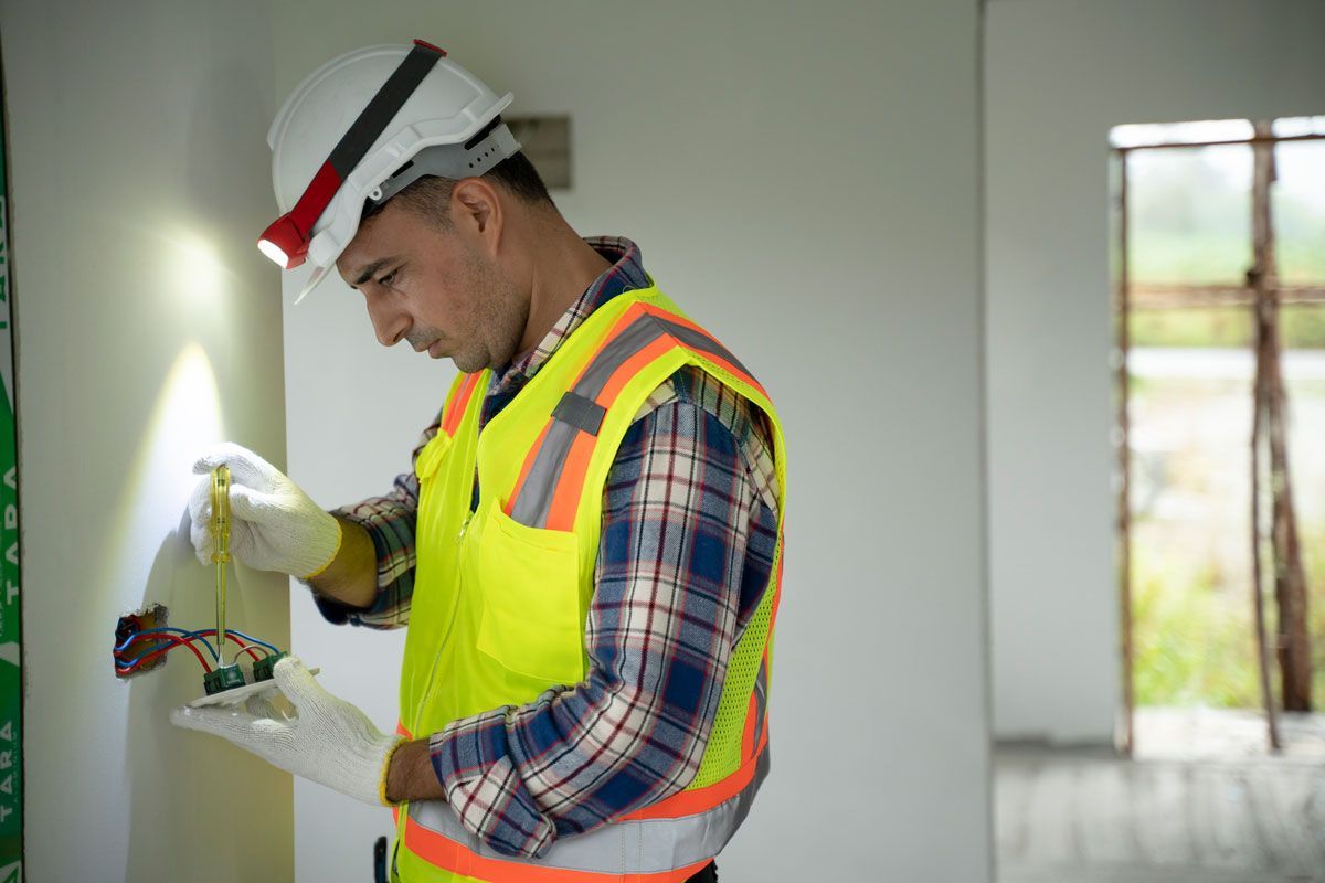 Electrician inspecting wires, wearing a safety vest and hard hat with a light, in a building under construction.