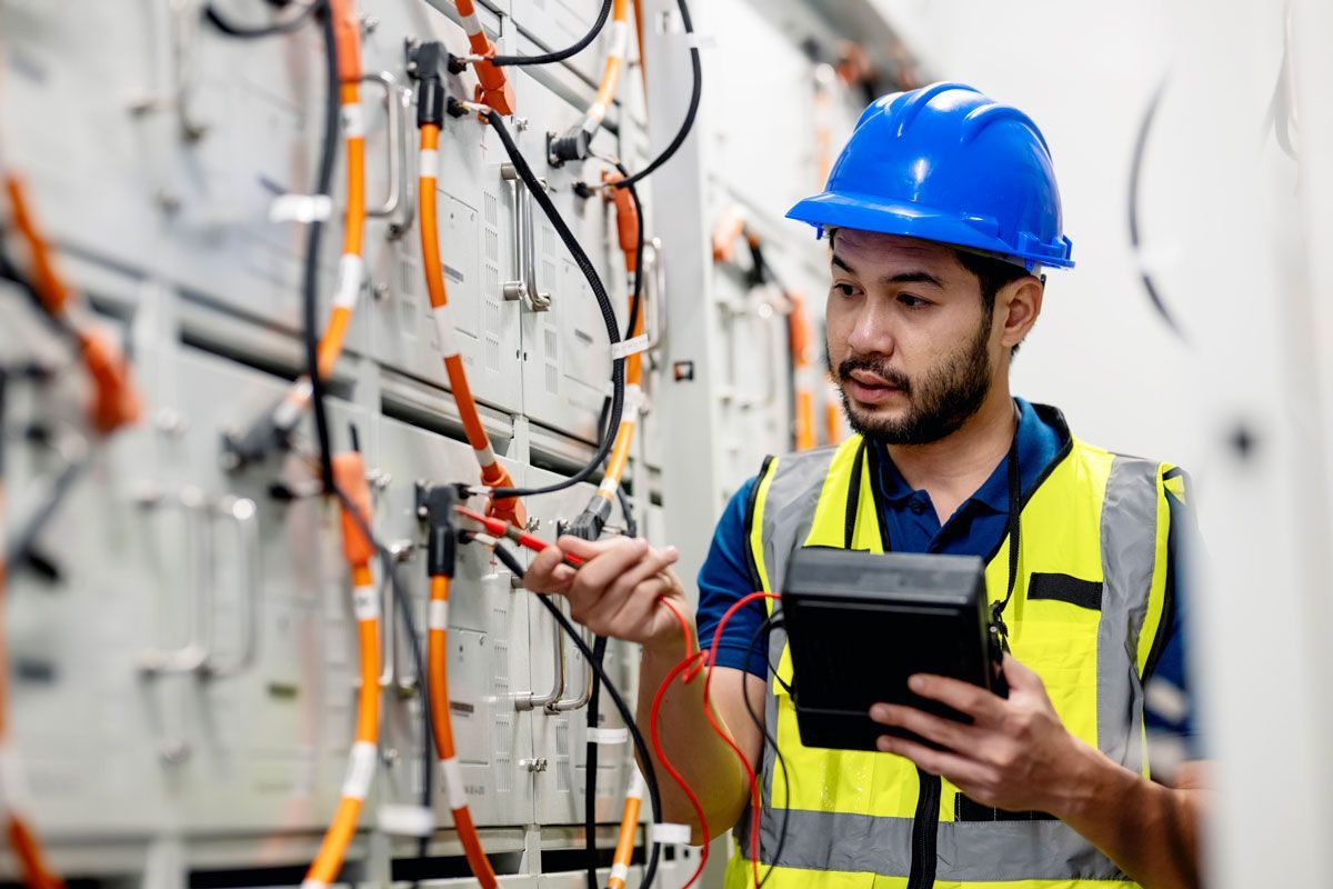 Electrician in blue hard hat tests wires with multimeter on control panel.
