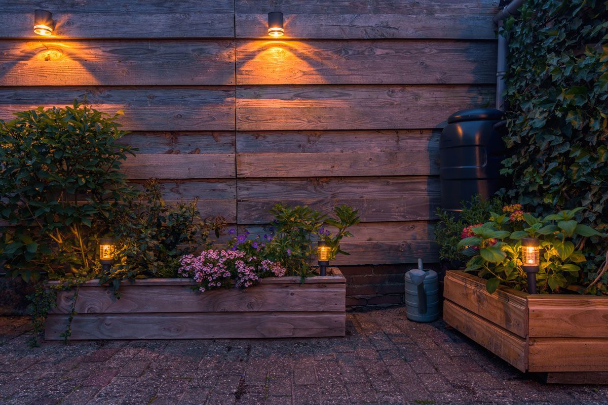 Wooden planters with flowers and lights against a rustic wooden wall at dusk.
