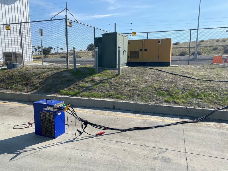 Yellow and gray industrial generator on brick pavement, with a blue cable.