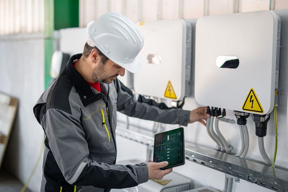 Technician in hard hat inspecting solar panel equipment, holding a circuit board.
