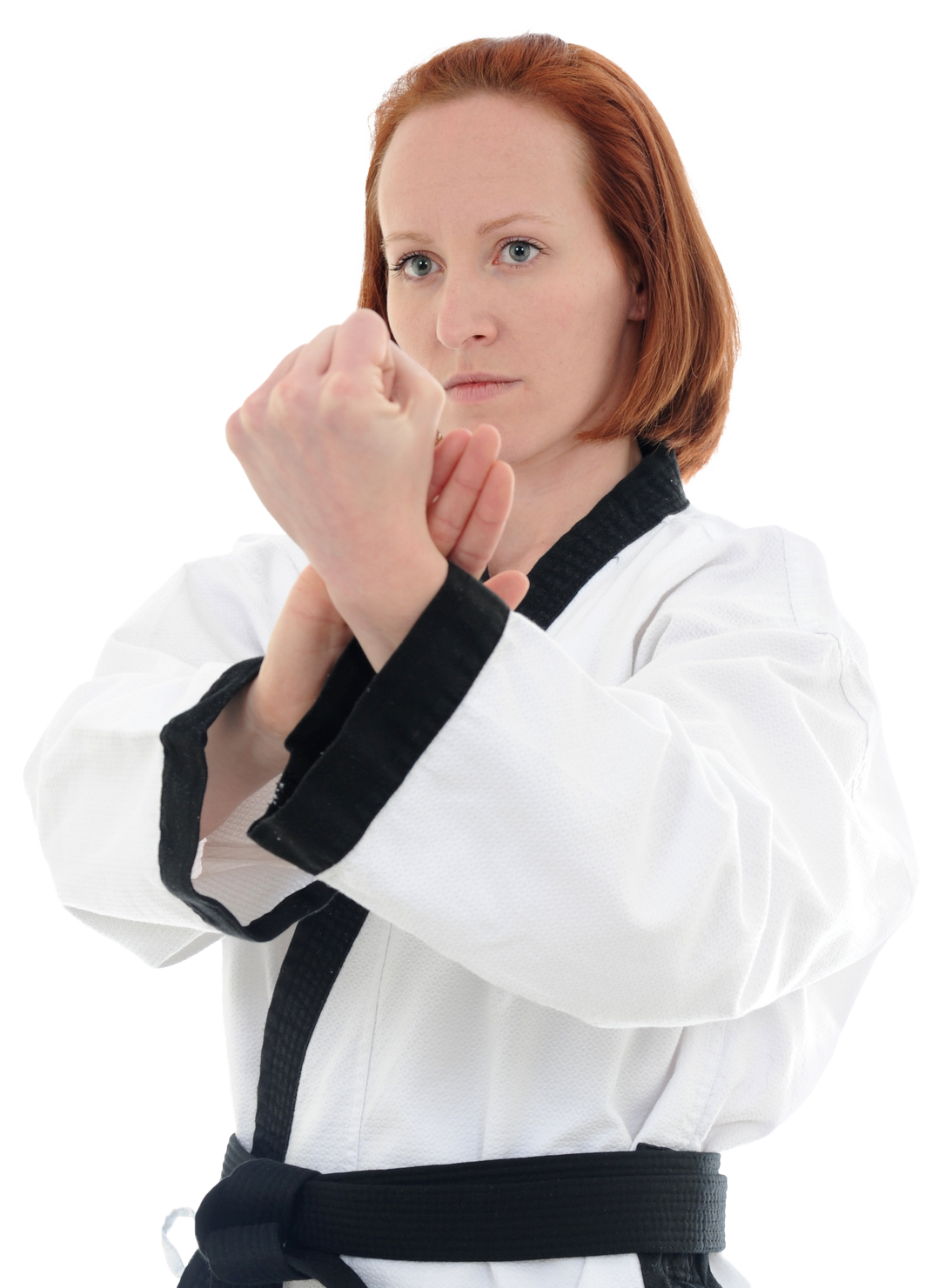 A woman in a white karate uniform with a black belt