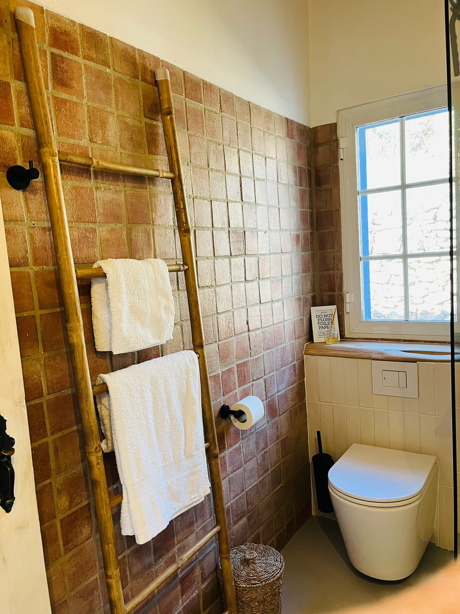 Een badkamer met toilet, handdoekenrek en ladder.
