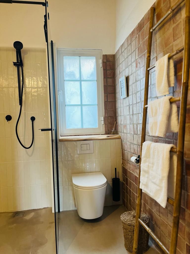 Een badkamer met toilet, douche en ladder.