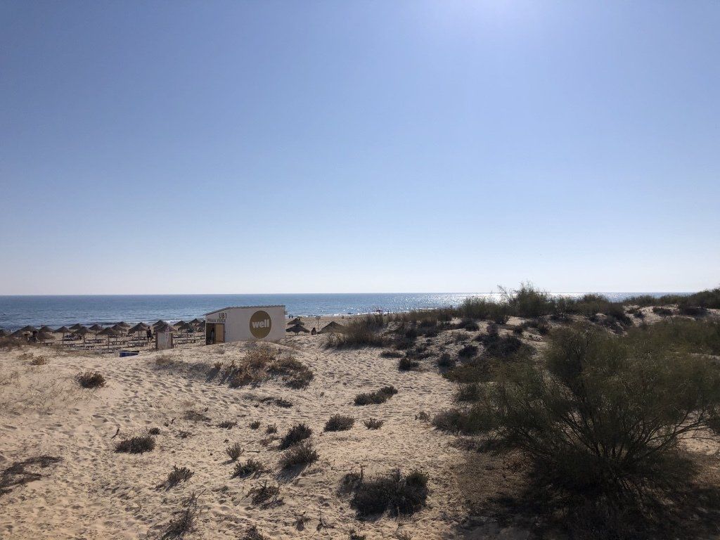 Een verlaten strand met een blauwe lucht en de oceaan op de achtergrond