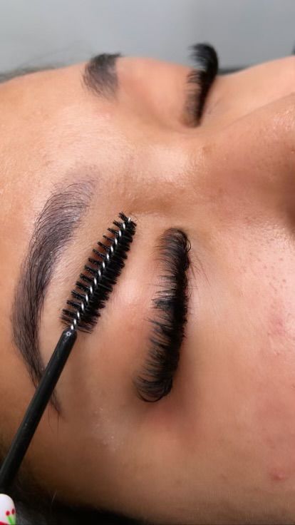 A close up of a lash being applied with a brush